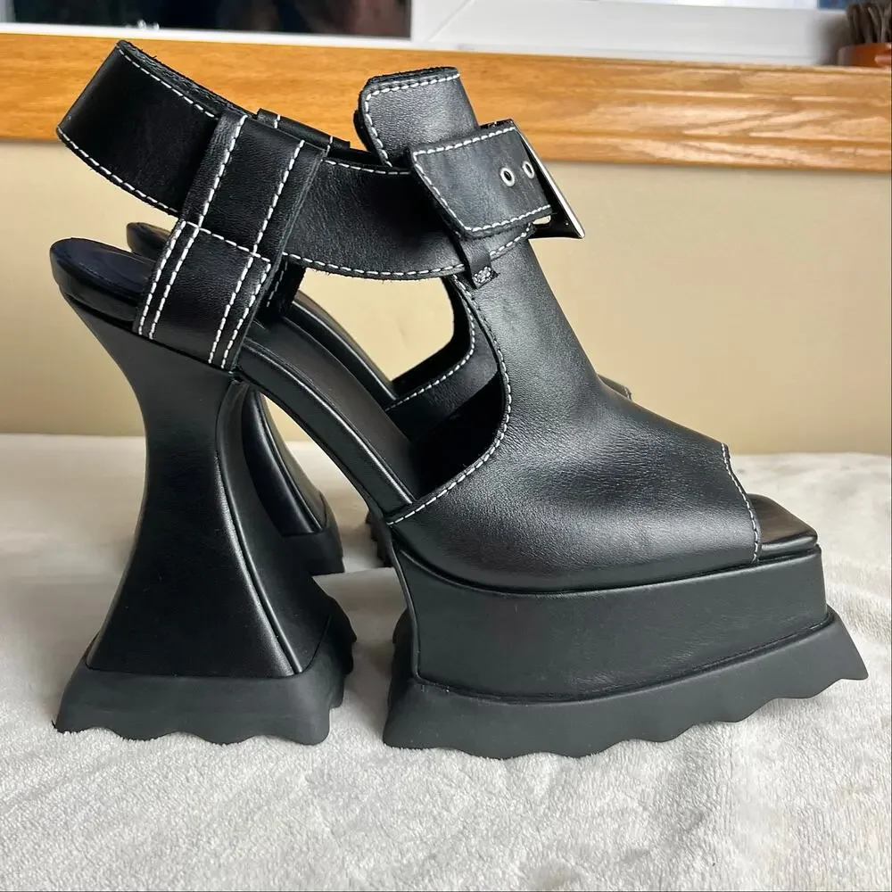 John Fluevog Munster Max Daisy T-Strap Platform Heels in Black